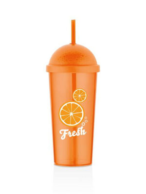 QLUX Plastový kelímok s viečkom a slamkou 700ml oranžový